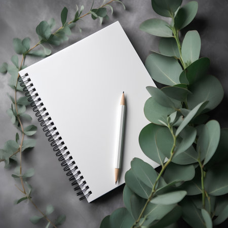 Blank notebook with eucalyptus branches and pencil on grey backgroundの素材