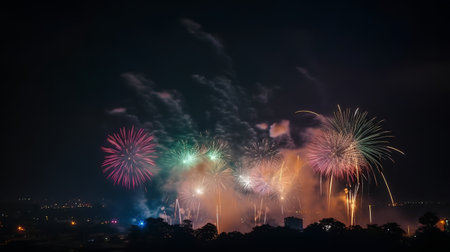 Colorful fireworks of various colors over night sky background, Thailand.の素材