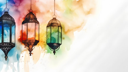 Watercolor illustration of arabic lanterns on watercolor backgroundの素材