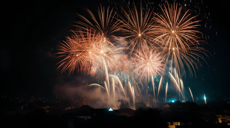 Colorful fireworks of various colors over night cityscape, Czech Republicの素材
