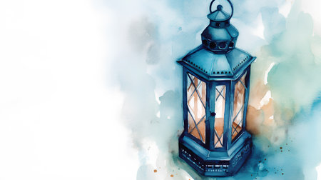 Watercolor illustration of a lantern on a blue background. Hand-drawn illustration.の素材