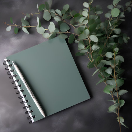 Green notebook with eucalyptus branches on black leather backgroundの素材
