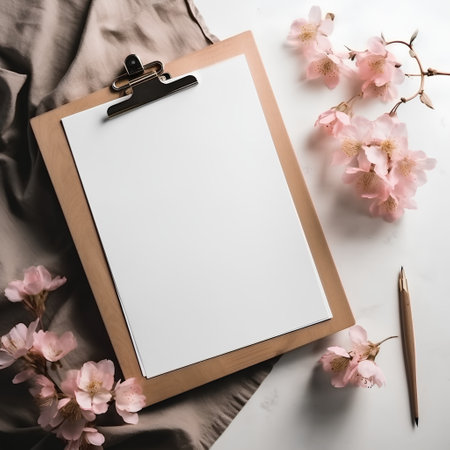Clipboard with blank paper sheet, cherry blossom and pen on white backgroundの素材