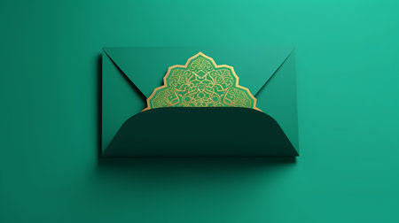 Envelope with gold ornament on green background. 3d renderの素材