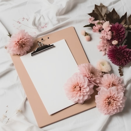 Blank clipboard with pink flowers on white bed. Flat lay.の素材