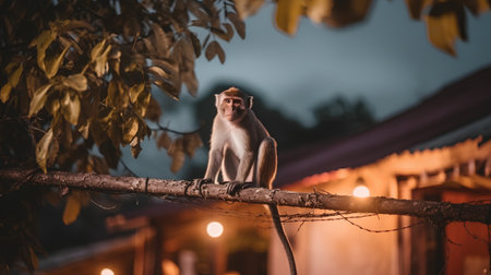 Monkey sitting on a branch at night in Bagan, Myanmarの素材