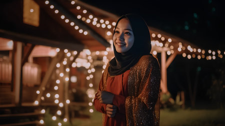 Portrait of a beautiful muslim woman with hijab holding cup of coffee at nightの素材