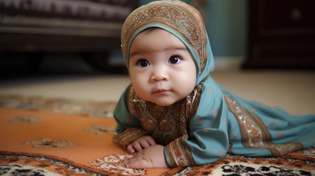 Portrait of a cute baby wearing a turban and sitting on the carpetの素材