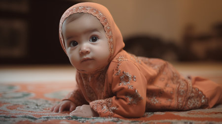 Cute little baby girl in oriental costume on carpet at homeの素材