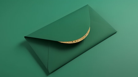 Envelope with gold ornament on green background. 3d renderの素材