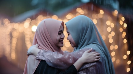 Hijab couple hugging each other in the rain with bokeh backgroundの素材