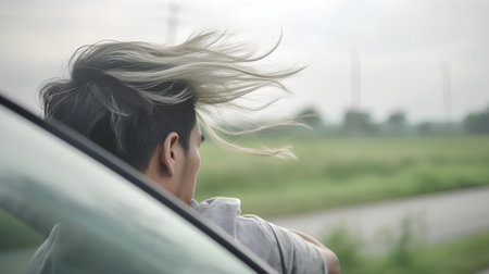 young woman with her hair blowing in the wind from a car windowの素材