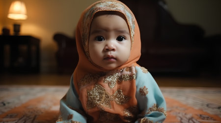 Portrait of a cute asian baby wearing a headscarfの素材