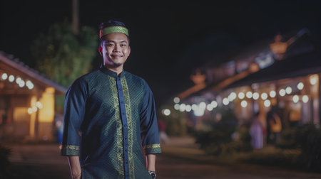 Handsome asian man wearing traditional Thai costume at night.の素材