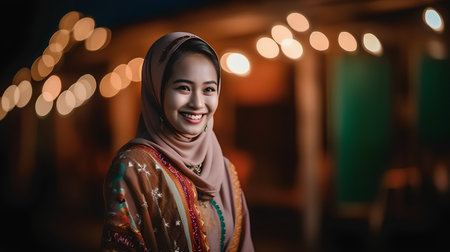 Portrait of a beautiful muslim woman wearing traditional clothes at nightの素材