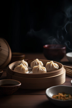 Chinese steamed dumplings in bamboo steamer on dark backgroundの素材