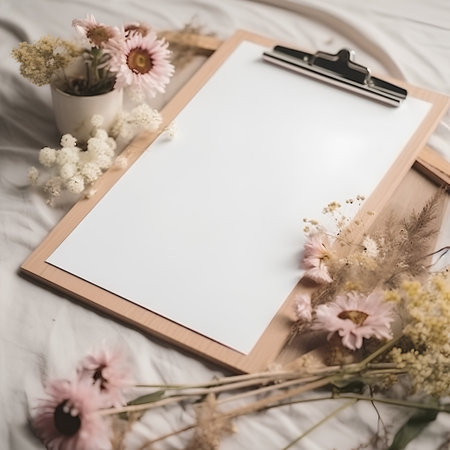 Blank paper on wooden clipboard with dry flowers on white bed.の素材