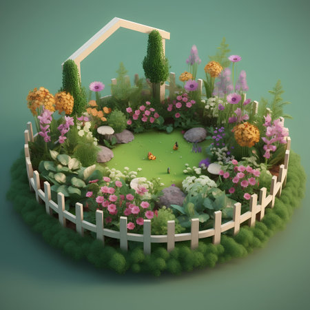 garden with flowers and butterfly 3d render on a green backgroundの素材