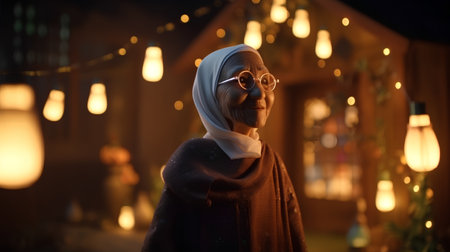 Fashionable muslim woman wearing headscarf and eyeglasses at nightの素材