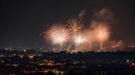 Colorful firework display on night sky over the city, Thailandの素材