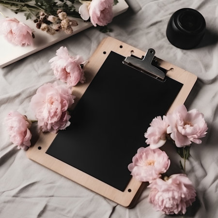 Blank clipboard with pink peony flowers on bed, copy spaceの素材
