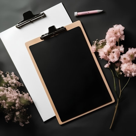 Blank clipboard with pink flowers on black background. Flat lay, top viewの素材