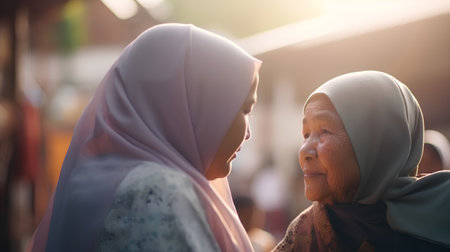 Muslim mother with her daughter on the street in the evening, Thailandの素材