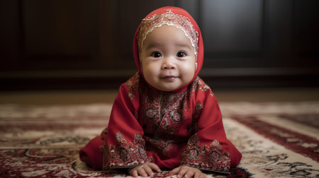 Portrait of a cute little asian muslim baby in red dressの素材