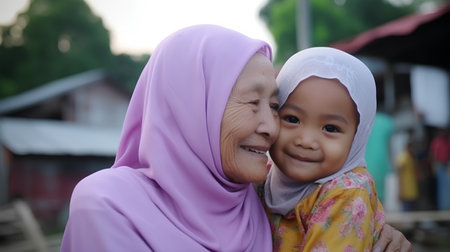 Muslim woman and her daughter smiling at the camera in the park.の素材