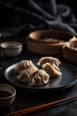 Steamed dumplings on plate with chopsticks, selective focusの素材
