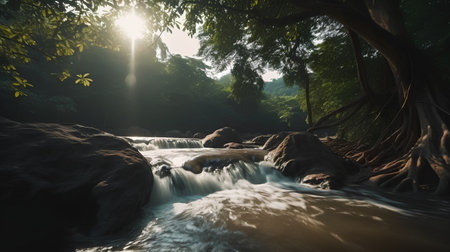 Beautiful waterfall in the forest at sunset, Kanchanaburi, Thailandの素材