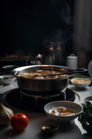 chinese cuisine. hot pot with beef and vegetables on the tableの素材