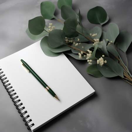 Blank notebook with pen and eucalyptus branch on grey backgroundの素材