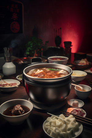 Pork soup in pot with chopsticks on wooden table. Chinese cuisineの素材