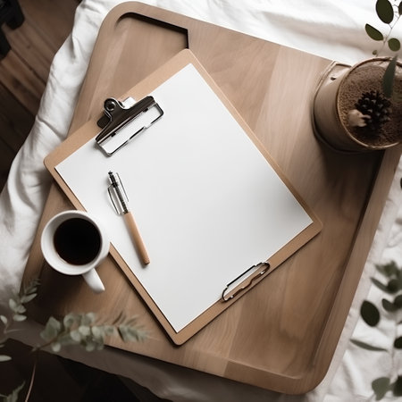 Wooden clipboard with blank paper sheet and coffee cup on bed.の素材