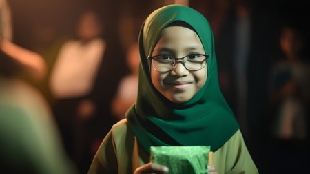Portrait of a young muslim woman wearing glasses and a green hijabの素材