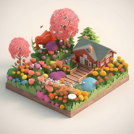 3D render of a garden with a house surrounded by flowers and treesの素材