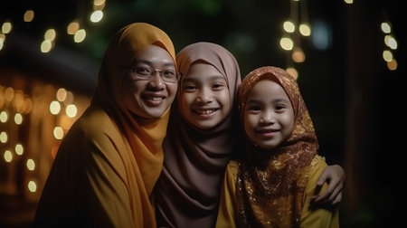 Portrait of muslim mother with her daughter and son in the parkの素材