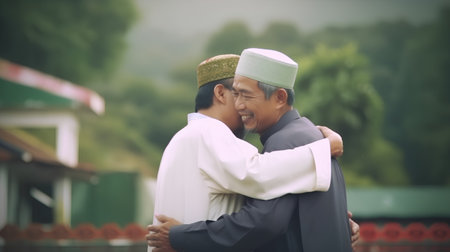 Muslim man and his son kissing each other in the park at daytimeの素材