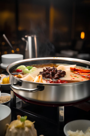 Japanese hot pot with beef and vegetables on a table in a restaurantの素材