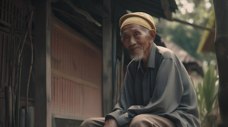 Portrait of an old man sitting on a wooden bench in the street.の素材