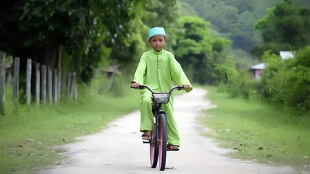 Young asian muslim boy riding a bicycle in the countryside.の素材