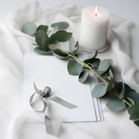 Eucalyptus branches, eucalyptus leaves, envelope and burning candleの素材