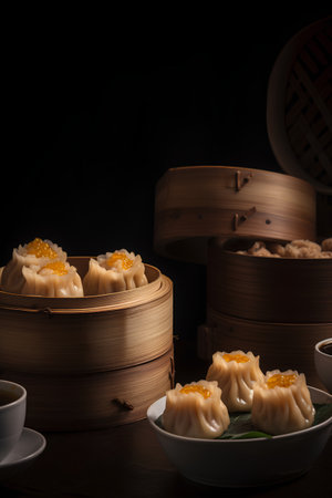 Chinese steamed dumplings in bamboo steamer on black backgroundの素材