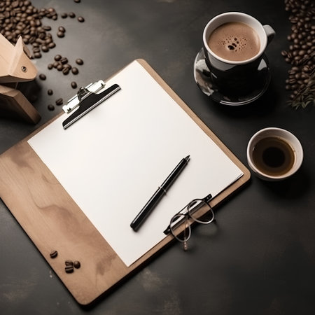 Blank clipboard with coffee cup and coffee beans on dark background.の素材