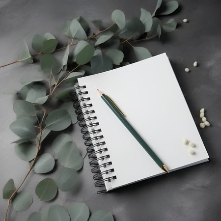 Blank notebook with eucalyptus branches and pencil on grey backgroundの素材