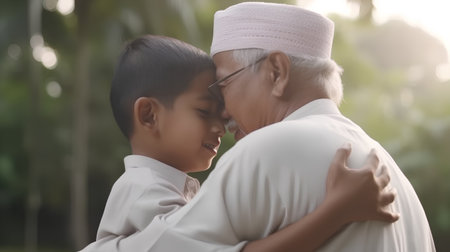 Asian grandfather and grandson hugging each other in the park at sunset.の素材