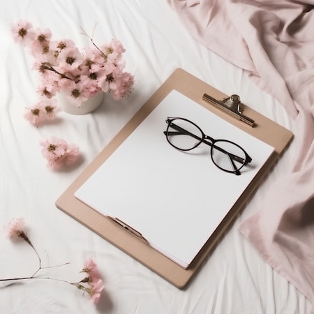 Blank notepad with glasses, pen and spring flowers on bedの素材