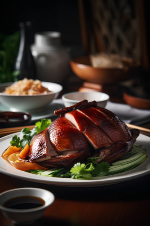 Roast duck on a white plate with chopsticks, selective focusの素材