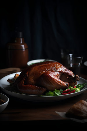 Roasted turkey on a wooden table. Dark background. Selective focus.の素材
